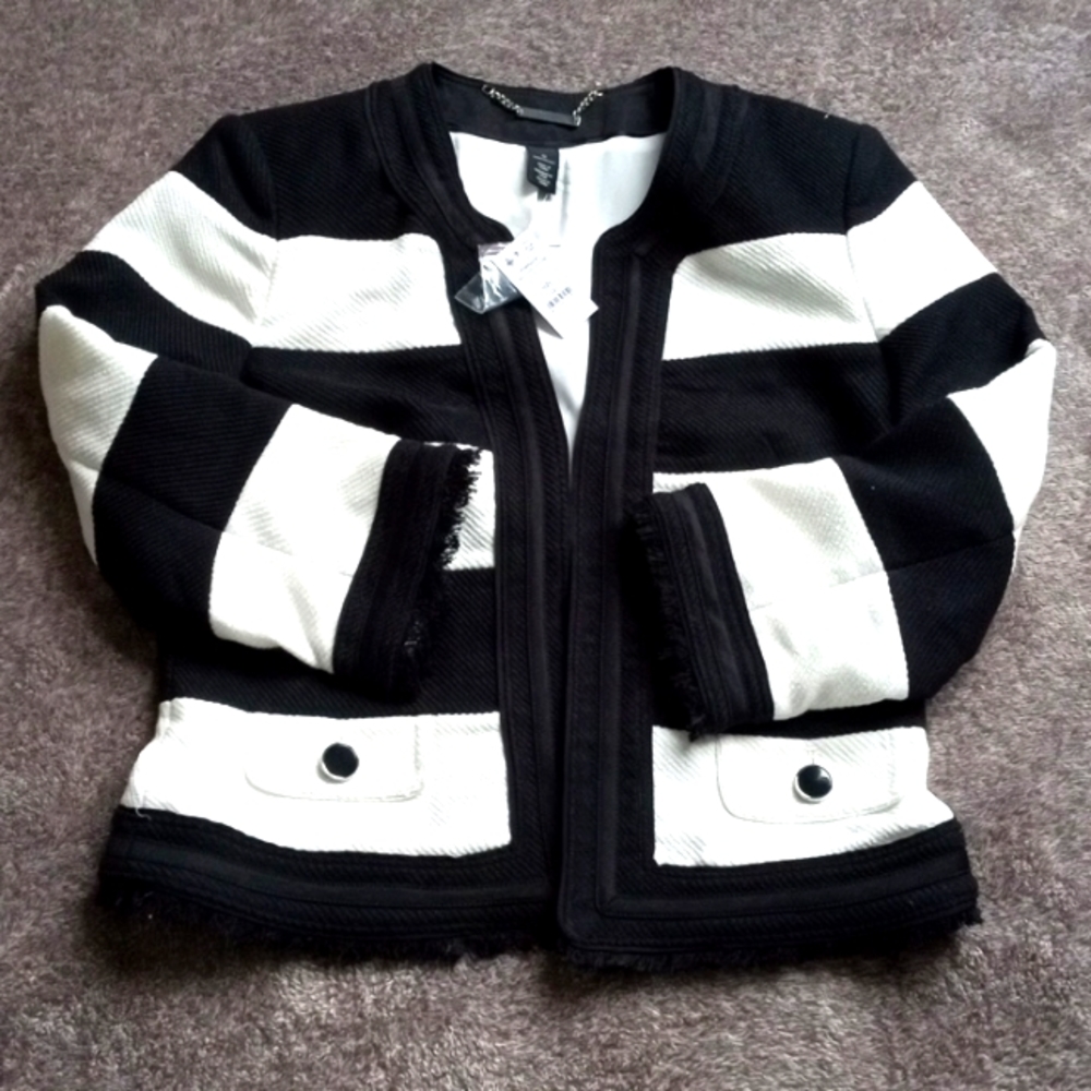 White House Black Market Black & White Striped Collarless Jacket
